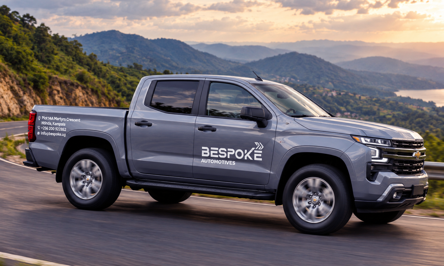 Silver Pickup on a Golden Mountain Road